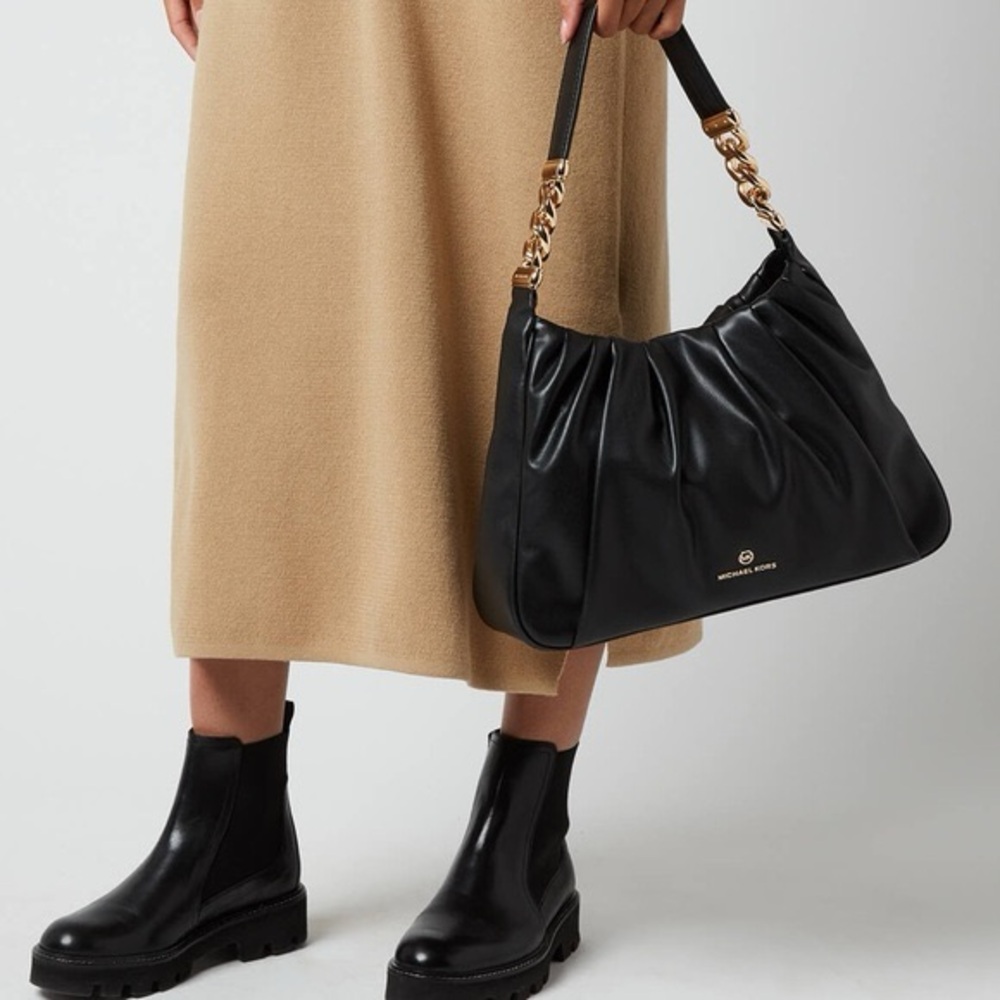 NWT Michael Kors Black Faux Leather Hannah Shoulder Bag